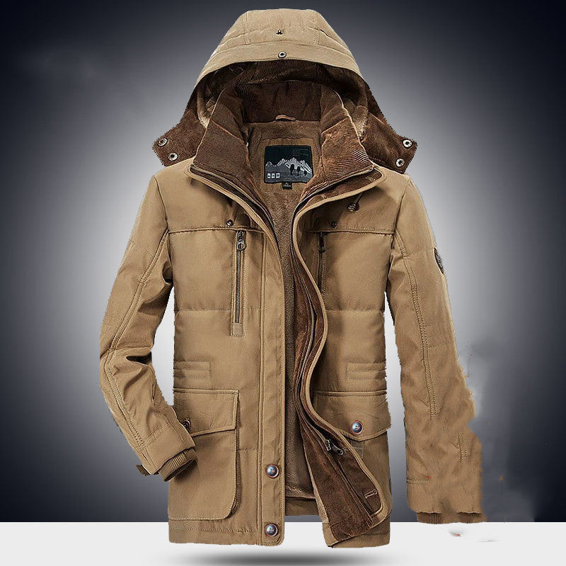 Men's Warm Long Cotton Jacket for Middle-Aged (Black)