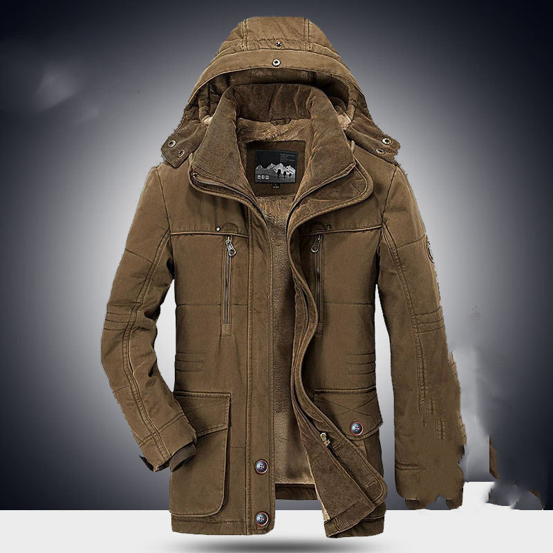 Men's Warm Long Cotton Jacket for Middle-Aged (Black)